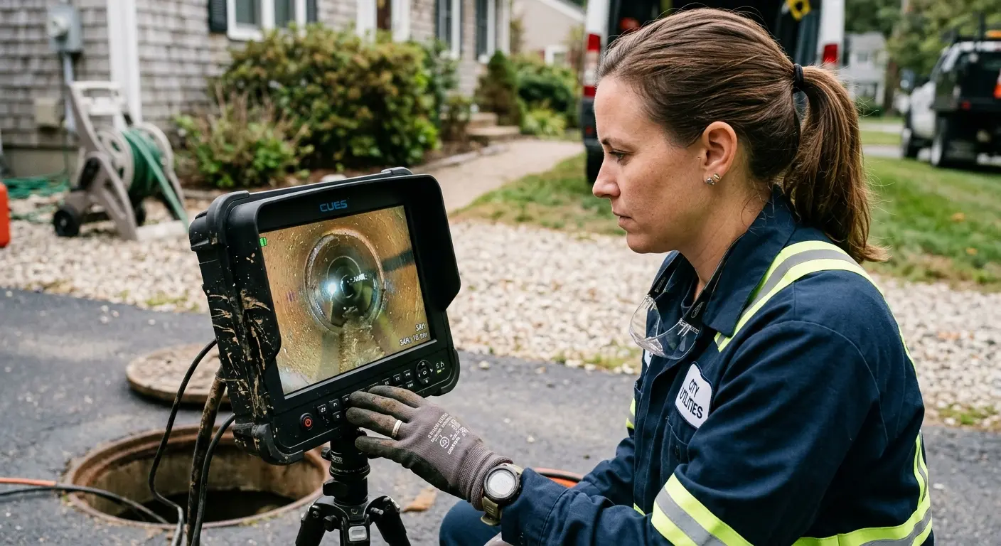 Technician reviewing sewer camera inspection footage in Lloyd