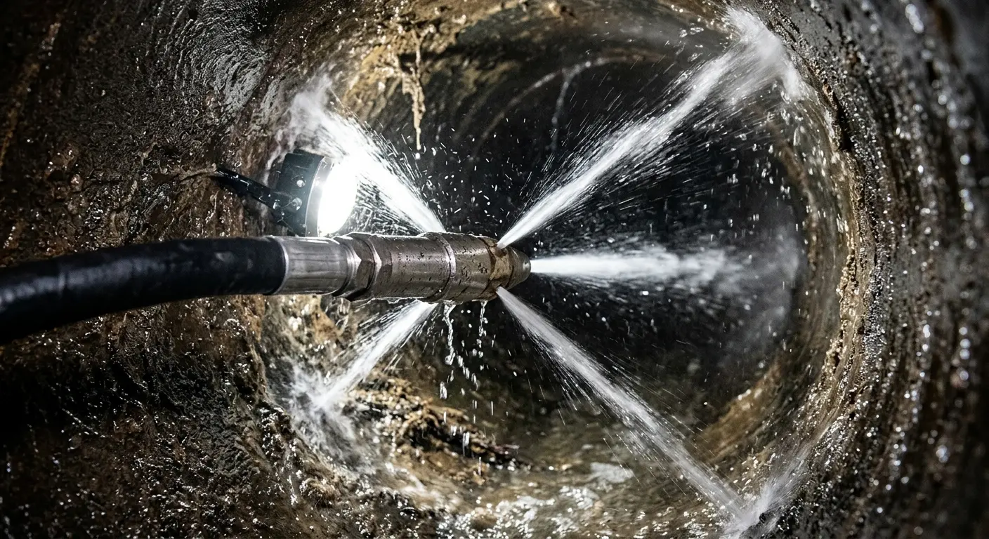High-pressure hydro jetting nozzle cleaning sewer pipe for Emergency Drain Service in Lloyd