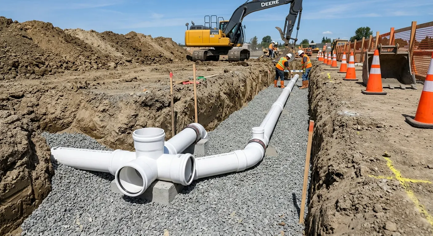 New PVC sewer pipe installation in open trench for Commercial Drain Cleaning in Lloyd
