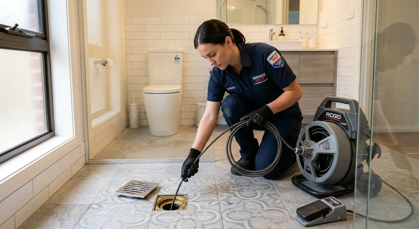 Technician clearing a bathroom floor drain for Clogged Drain Repair in Lloyd